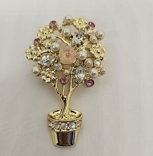 Danecraft Flower Pot Brooch Pin Pink  Rhinestones Crystals Pearls